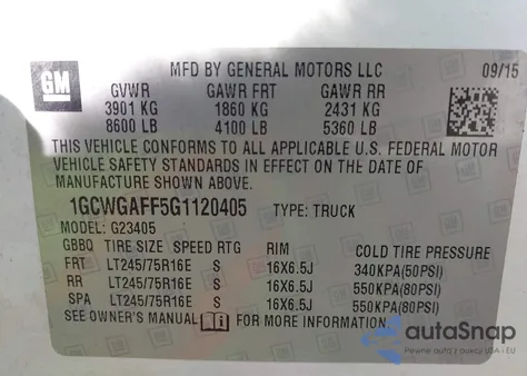 2016 Chevrolet Express 2500 Work Van z USA, uszkodzony, nr VIN 1GCWGAFF5G1120405